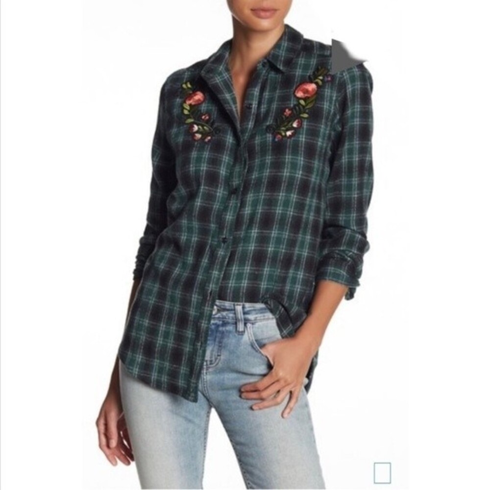 Abound Green Plaid Floral Embroidered Flannel Button Down Women's Sz. XXS